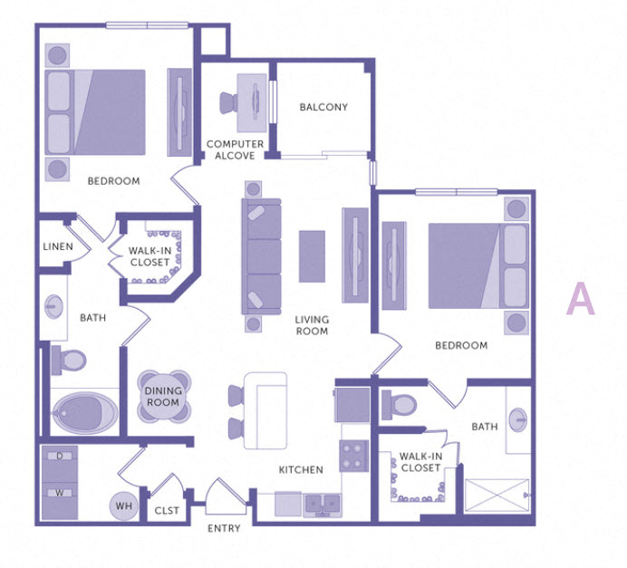 Floor plan for 2 beds, 2 baths, 1046 sqft